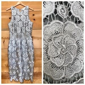 BHLDN silver gray floral crochet knit floral sleeveless midi dress semiformal